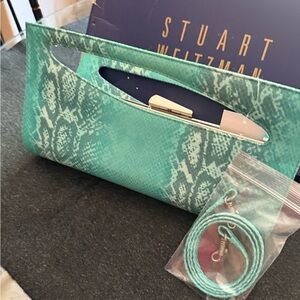 Stuart Weitzman NIB Turquoise Snake Pattern Clutch